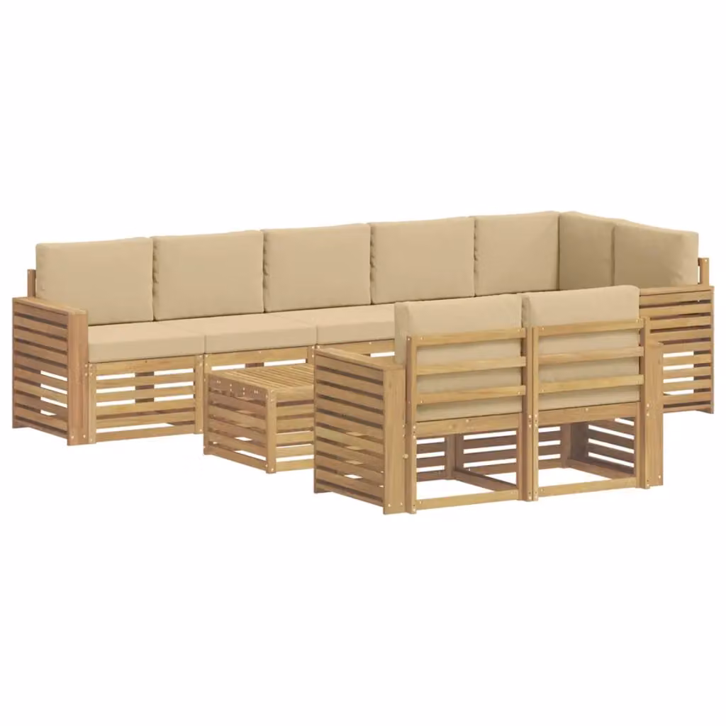 Set di divani da esterno a L vidaXL in legno di acacia con tavolo da caffè, 9 pezzi, Bianco, Beige e Marrone – 2