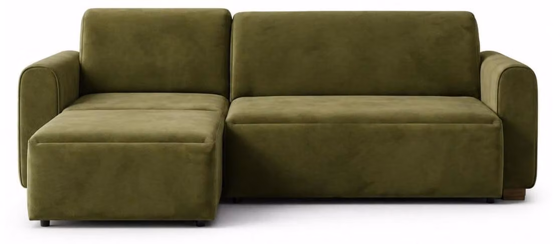 Divano angolare da salotto, design elegante, rivestito in tessuto, con possibilità di estensione per creare una superficie letto