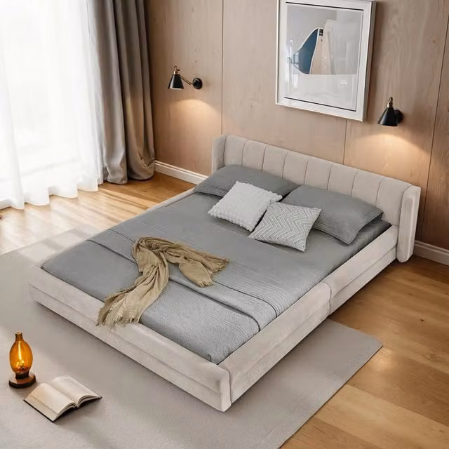 Letto matrimoniale 160 × 200 cm con testiera ergonomica imbottita, senza materasso, in ciniglia beige