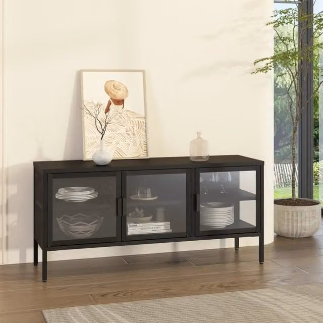 Mobile TV en.casa con vetrina e 3 ante in vetro, nero, L 118 x P 35 x H 55 cm