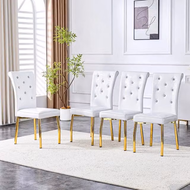 Set 4 sedie da pranzo retr¨° ¨C Minimal ¨C rivestimento similpelle imbottite, gambe metallo dorate, design con fibbia in cristallo