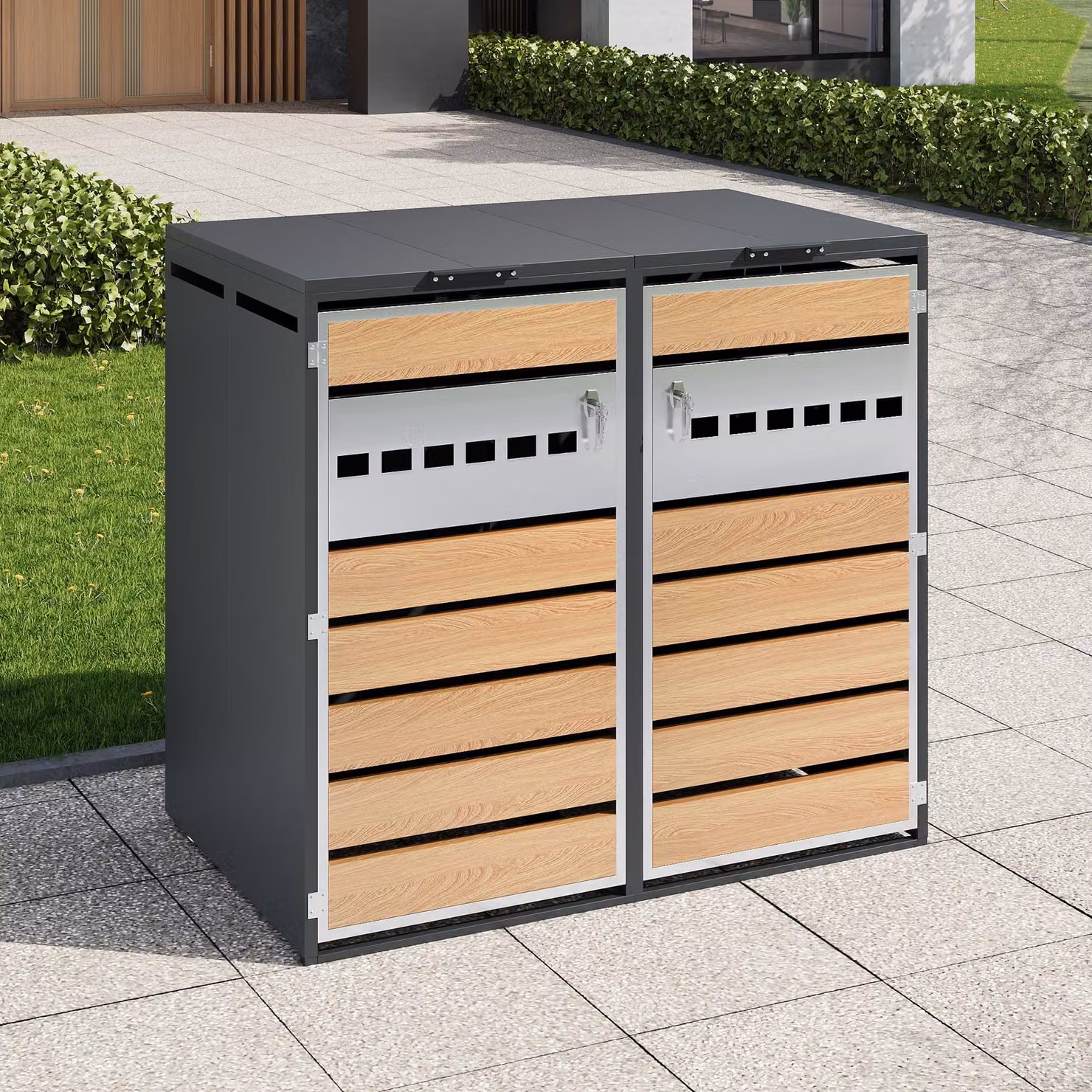 Flieks - Box per bidoni della spazzatura, rivestimento per bidoni della spazzatura (1 posto), armadio per bidoni da 2 pezzi da 120–240 L, box per bidoni della spazzatura con coperchio ribaltabile, 132x80x118,5 cm, grigio