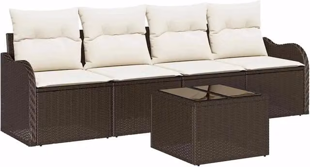 Set Divano da Giardino con cuscino 5 pz | Set Salotto da Giardino Marrone e Crema
