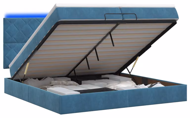 Letto con contenitore e materasso LED, colore blu navy, dimensioni 200 x 200 cm