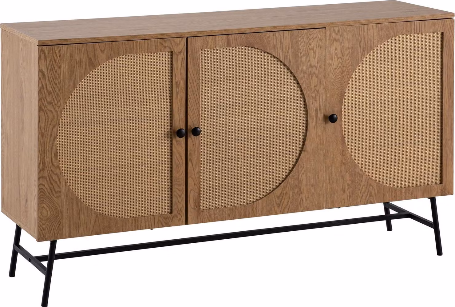 WOHNLING Credenza 140x80x39 cm Comò Decorazione in rovere con intreccio in rattan Moderno Comò alto Armadio a colonna con 3 ante Credenza Soggiorno