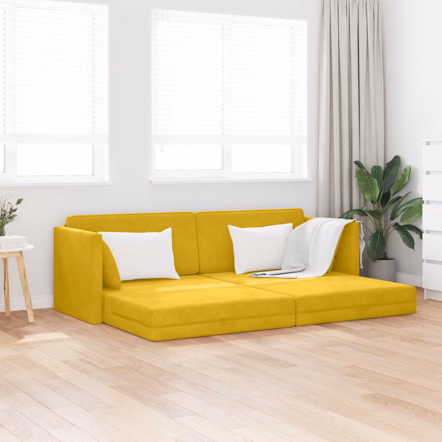 Divano-letto da pavimento vidaXL in velluto giallo con funzione letto e cuscini inclusi L: 213 cm, P: 70 cm, H: 77 cm