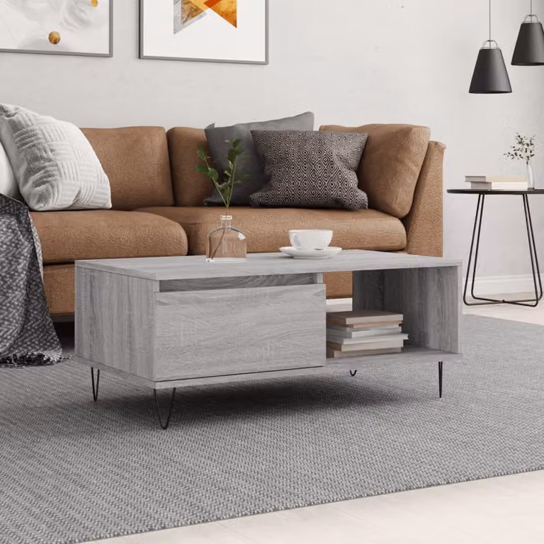 vidaXL Tavolino da salotto moderno in legno e metallo, Grigio, L 90 cm x P 50 cm x H 36,5 cm