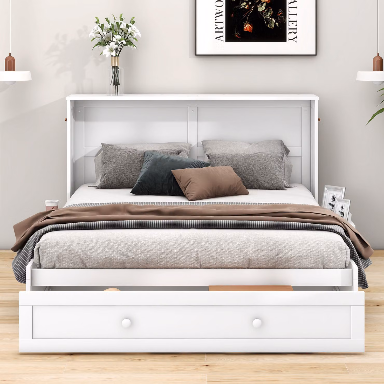 letto imbottito okwish 140 x 200 cm, letto guardaroba mobile per la casa, cassetti alla fine del letto, piccoli scaffali ai lati del letto, letto a piattaforma trasformabile, bianco