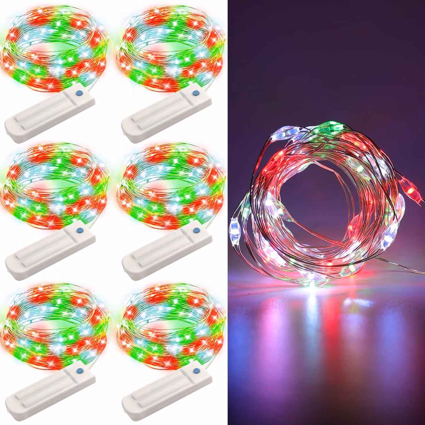 Catena luminosa da 2,5 metri, con 50 LED, colorata in rosso, verde e bianco, con timer, confezione da 6 pezzi