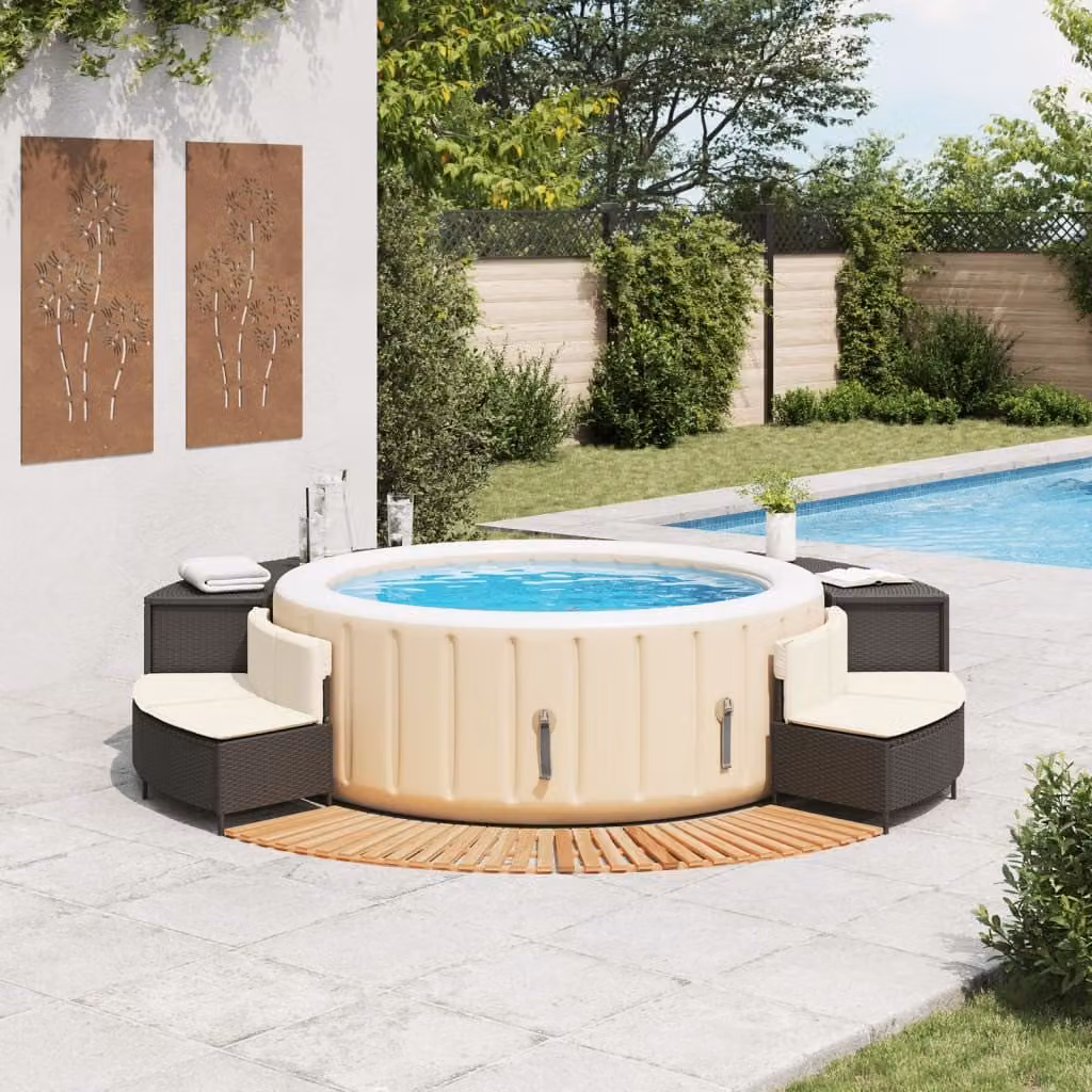 Bordo per Spa Nero in Polyrattan e Legno Massello di Acacia