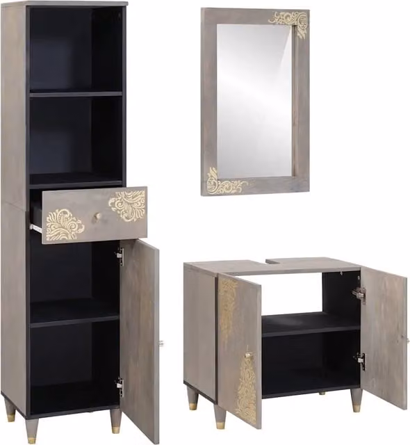 Set di Armadi da Bagno | Armadio da bagno 3 pz Grigio Legno di mango massello