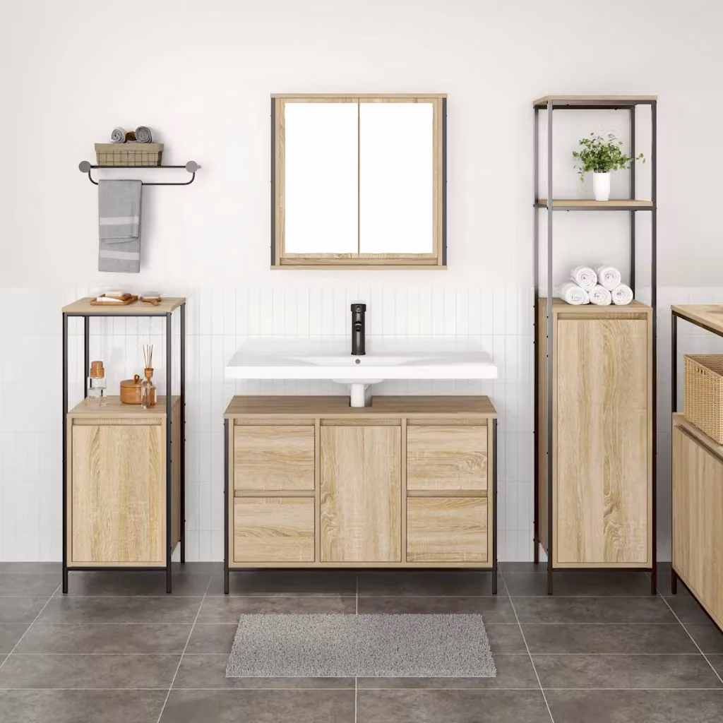 Set di mobili per il bagno moderno vidaXL composto da 3 pezzi in legno e metallo, colore marrone e nero, con mobile lavabo e pensile con ripiani interni