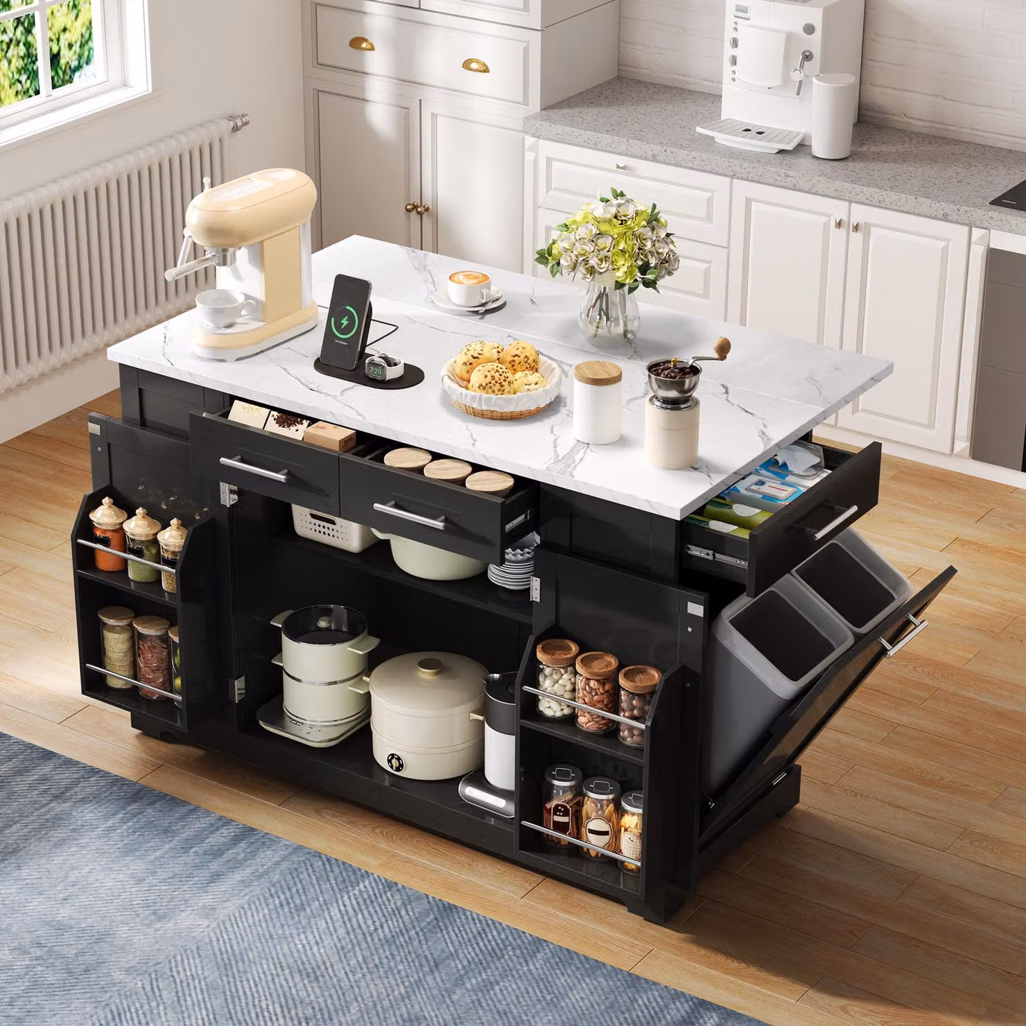 Isola da cucina moderna, 138 cm, con piano di lavoro pieghevole, ruote, presa di corrente europea, ripiani regolabili, vano portarifiuti estraibile, finitura effetto marmo nero.