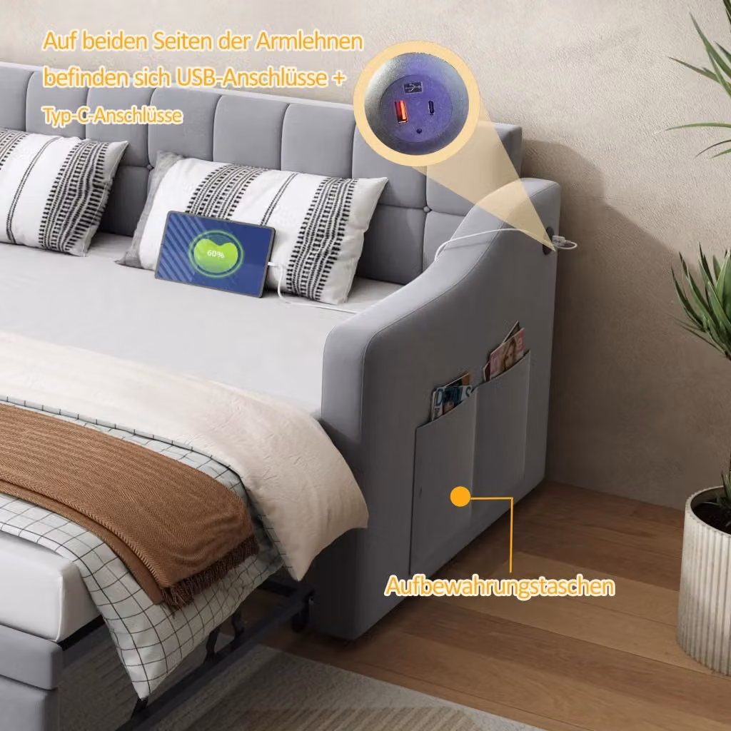 Letto singolo estraibile Chicfurn con cassetti e porte USB in tessuto grigio, L/P: 90 x 190 cm – 2
