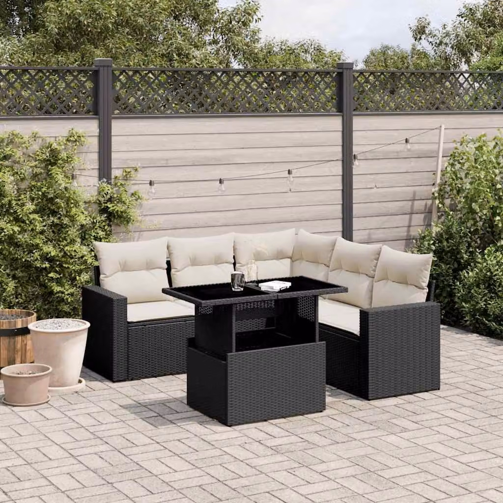 Set Divano da Giardino a L vidaXL 6 pz in Polyrattan Nero con Cuscini e Tavolino da Esterno