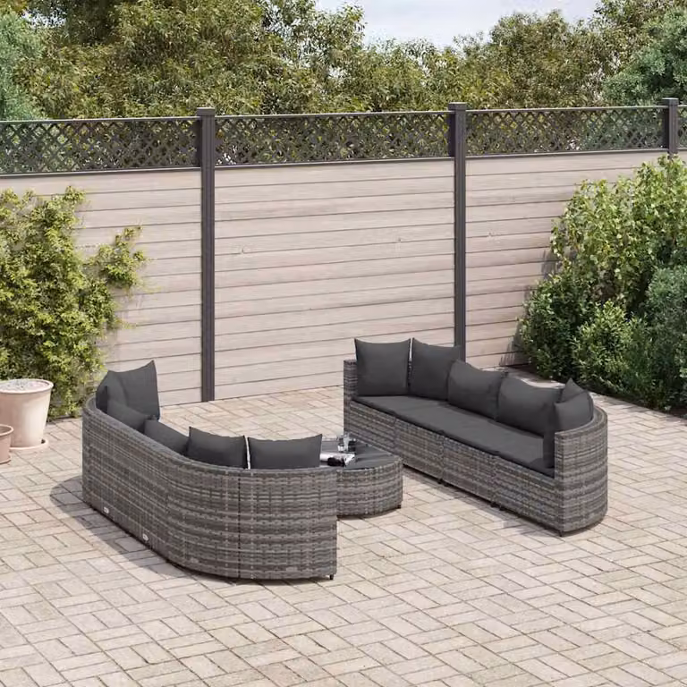 Set Divano da Giardino vidaXL 9 Pezzi a Forma di L con Tavolino in Vetro e Cuscini Antracite in Polyrattan e Acciaio