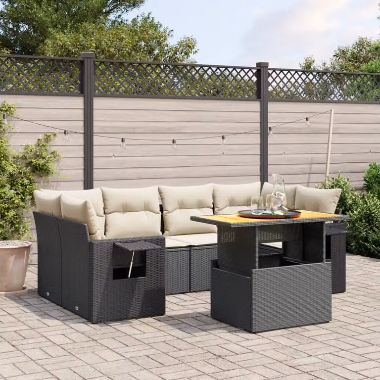 vidaXL Set Divani da Giardino a L con Cuscini 7pz in Polyrattan Nero e Legno di Acacia
