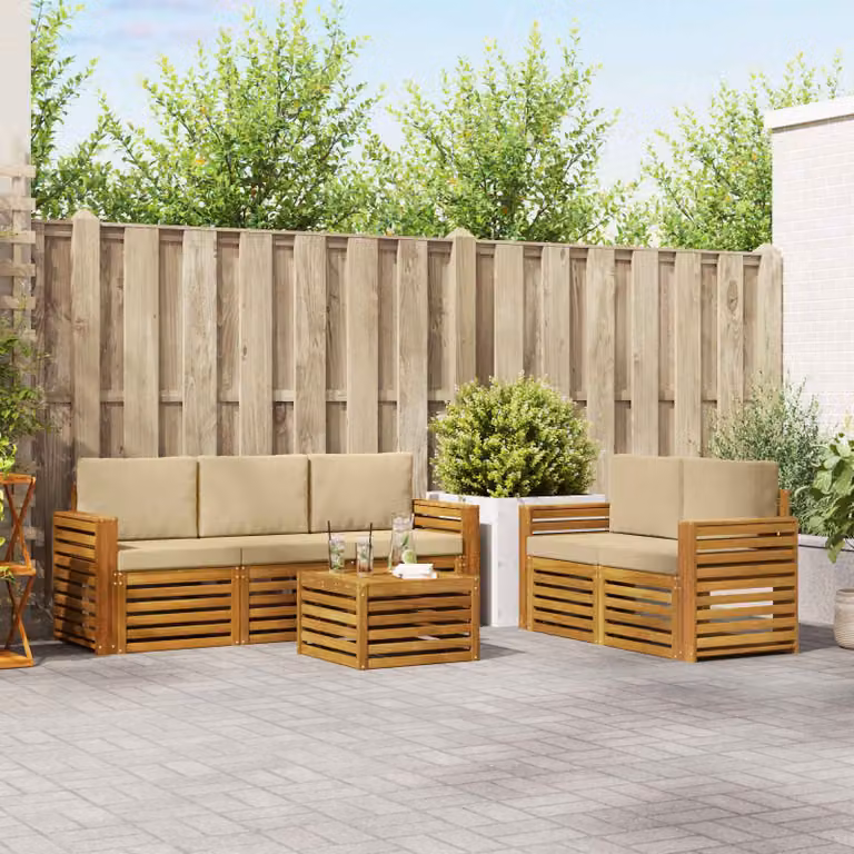 Set di divani da esterno vidaXL a forma di L in legno di acacia con tavolo da caffè, 6 pezzi, Beige e Marrone