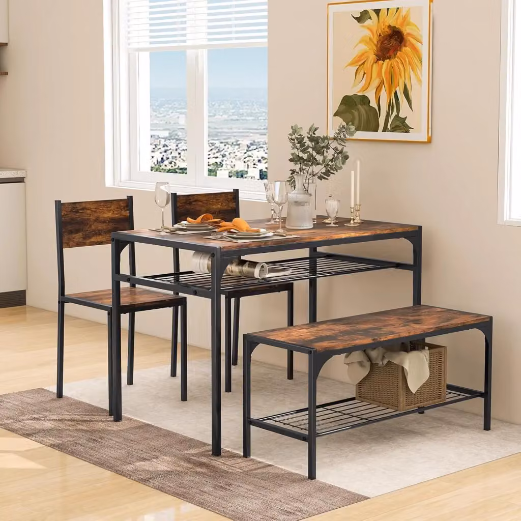 Set da Pranzo Industriale Costway composto da Tavolo Rettangolare, 2 Sedie e 1 Panca con Telaio in Metallo e Ripiano in Legno, Colore Marrone e Grigio – 2