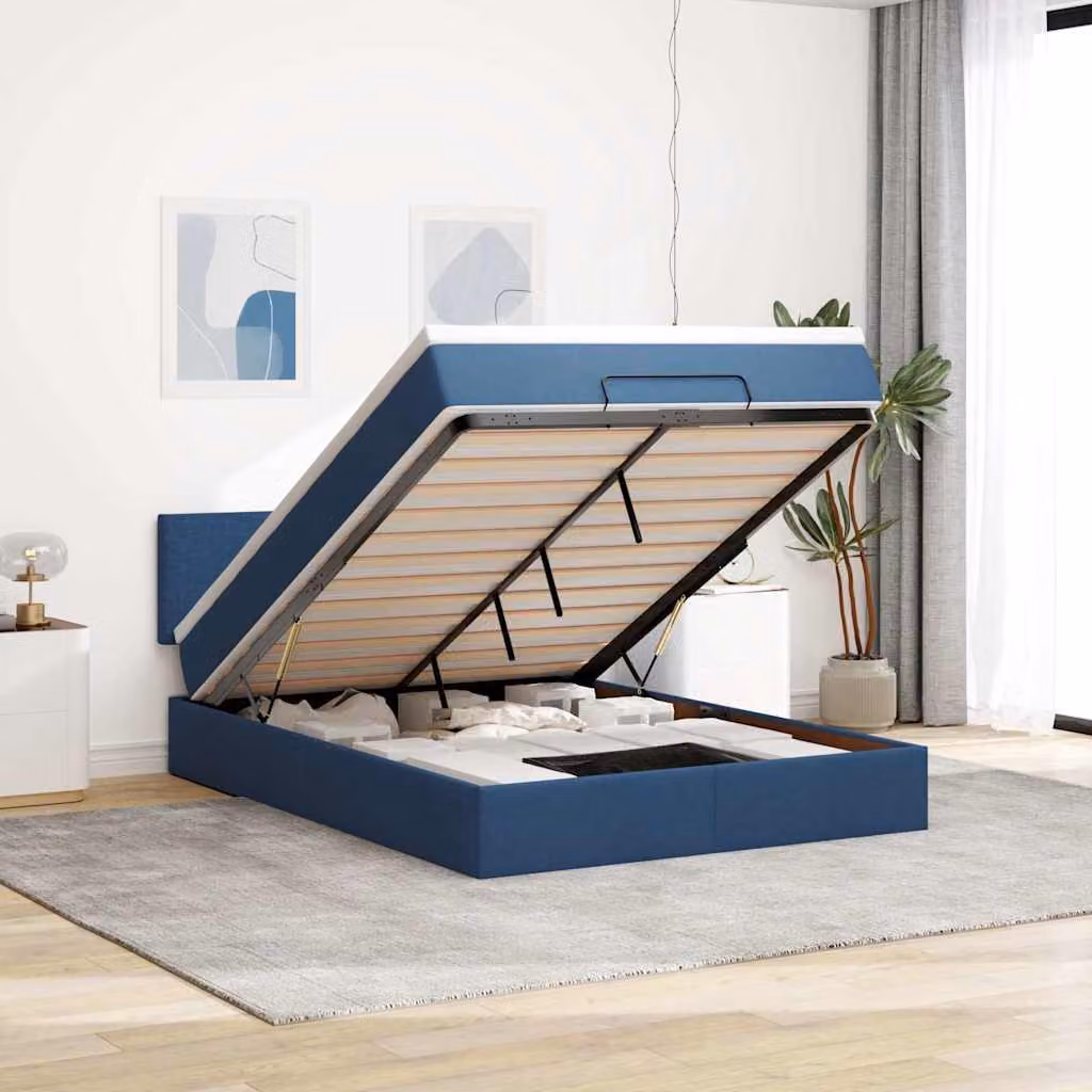 vidaXL Struttura Letto con Materasso e Pouf Blu e Bianco in Tessuto, L/P/H: 203 x 144 x 88 cm – 1