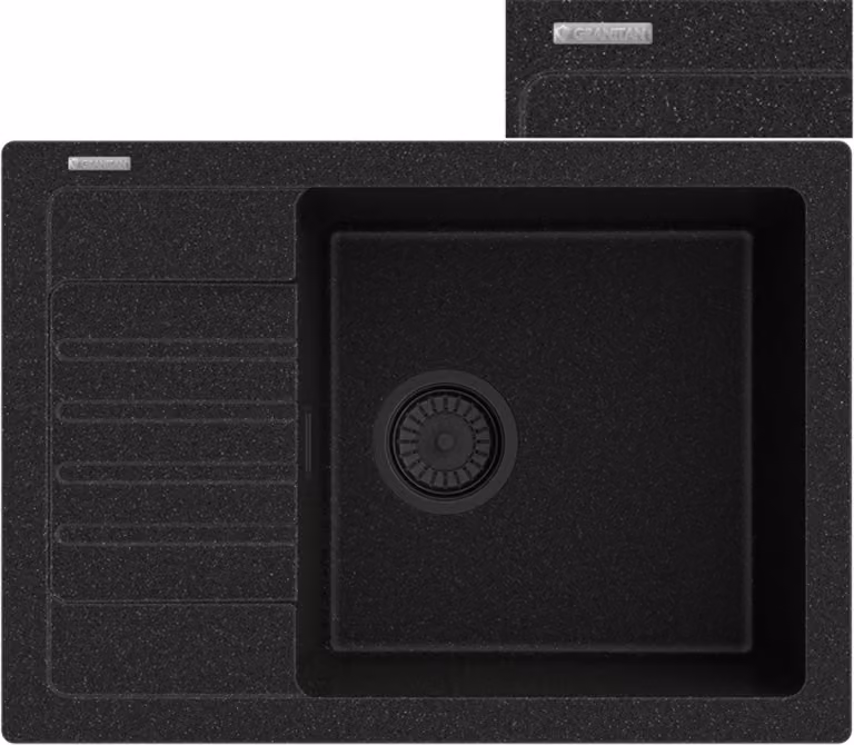 Granitan - Lavello in granito - Lavello da cucina - 62x44x18 cm - Nero - con sifone - Lavello - ARGOS