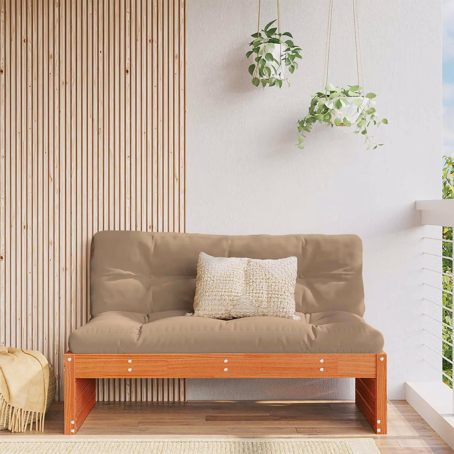 Divano da giardino moderno vidaXL in legno di pino massiccio con cuscini in schiuma marrone e beige
