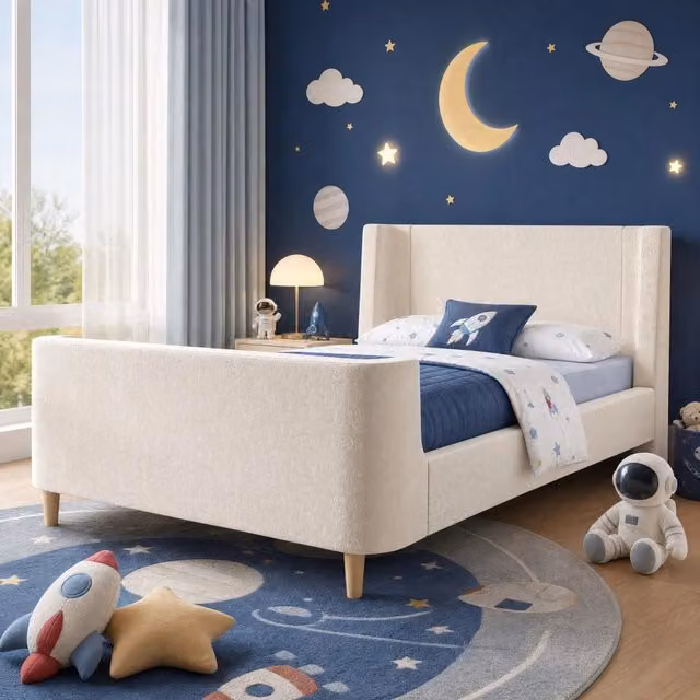 Letto imbottito per bambini 90x200 cm beige in velluto con motivo spaziale
