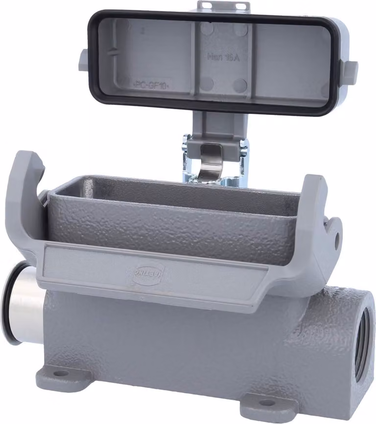 HARTING Han 16A Alloggiamento base alto, 1xPG16 uscita cavo laterale, con 1 staffa longitudinale con cappuccio protettivo in plastica - 1