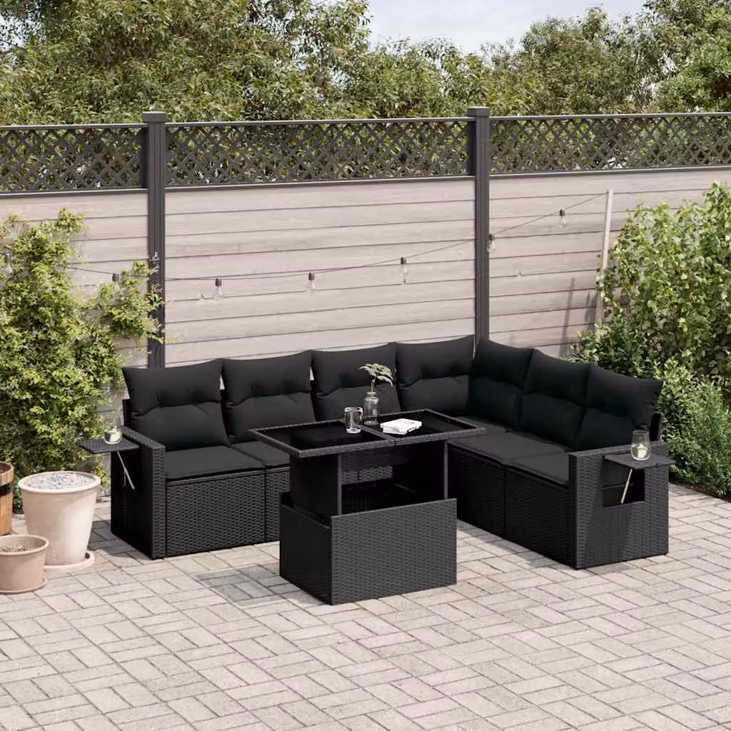 Set Divani da Giardino vidaXL a Forma di L in Polyrattan Nero con 7 Pezzi e Cuscini Imbottiti – 1