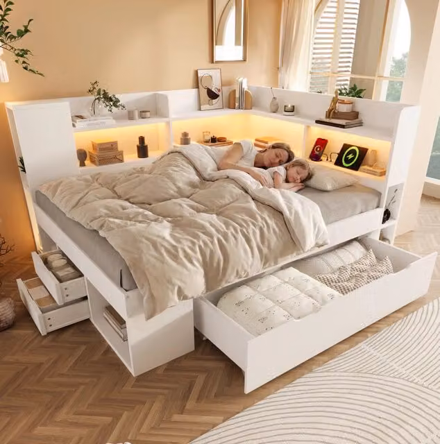 Letto 140x200 cm con LED, USB e contenitore, in MDF, truciolare e compensato, bianco