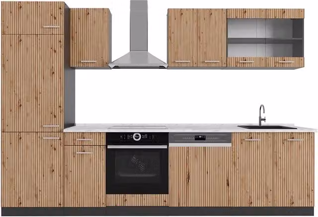 Cucina componibile moderna Vicco R-Line in rovere e antracite con piano in marmo, L: 300 cm – 1