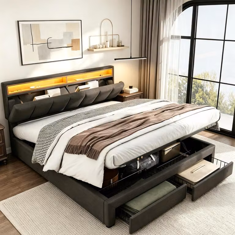 Letto imbottito INONEFT, 180x200 cm, letto matrimoniale con LED, letto a molle con sistema idraulico e cassetti, letto contenitore, letto per ragazzi con rete a doghe, tessuto in lino, colore grigio