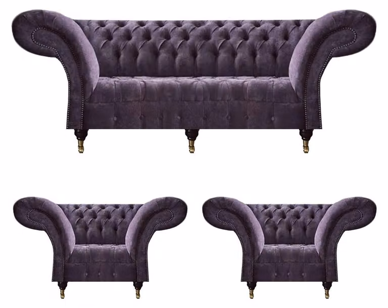 Lila Chesterfield Polstergarnitur Wohnzimmer 3-Sitzer Designer 2x Sessel