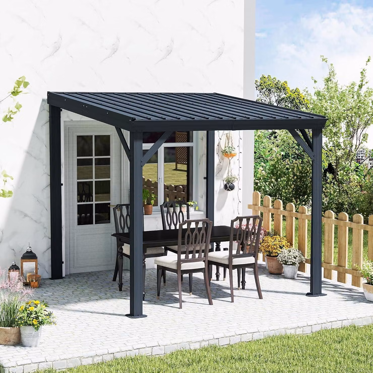 Gazebo da parete, dimensioni 2,4 x 2,4 metri, colore grigio, dotato di sistema di drenaggio e tetto in acciaio zincato