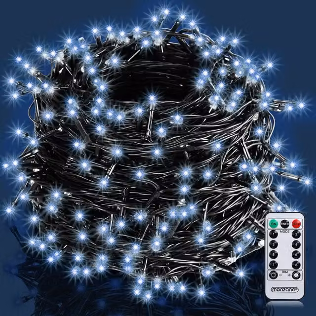 Catena di luci natalizie Monzana con 200 LED bianco freddo, lunghezza 20 m, con telecomando e timer, protezione IP44
