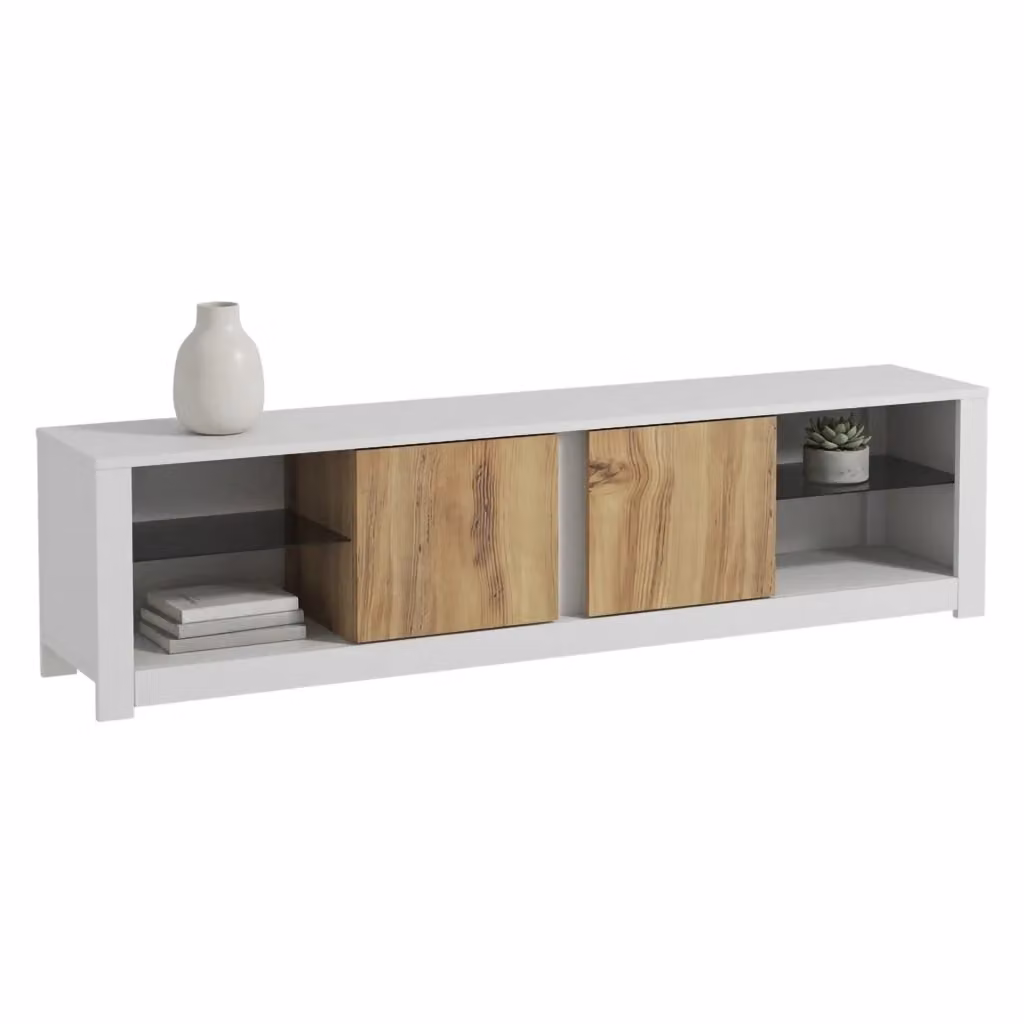 Mobile porta TV moderno DMORA Vogogna con 2 ripiani in legno e vetro, Bianco e Marrone, L: 180 cm, P: 35 cm, H: 45 cm – 2