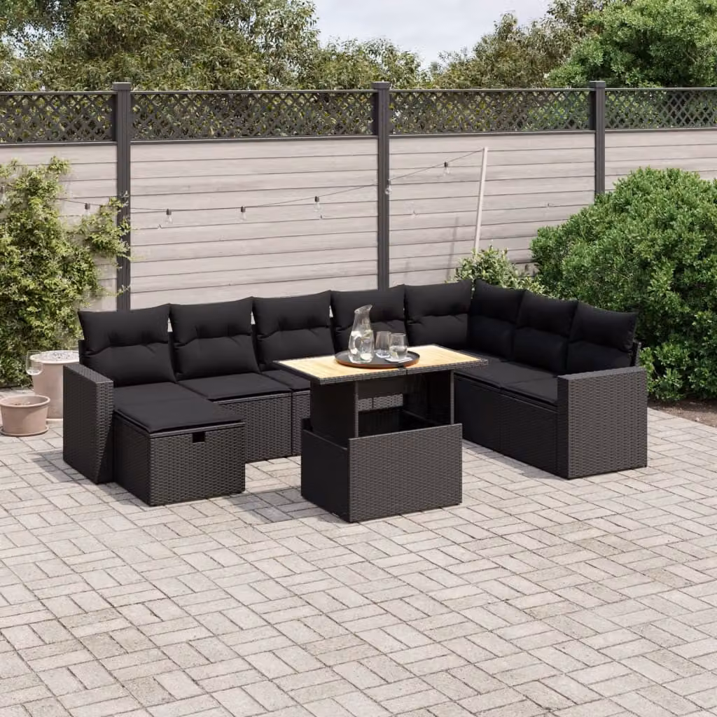 Set di divani da giardino vidaXL in rattan e legno di acacia oliato con cuscini nero – 1