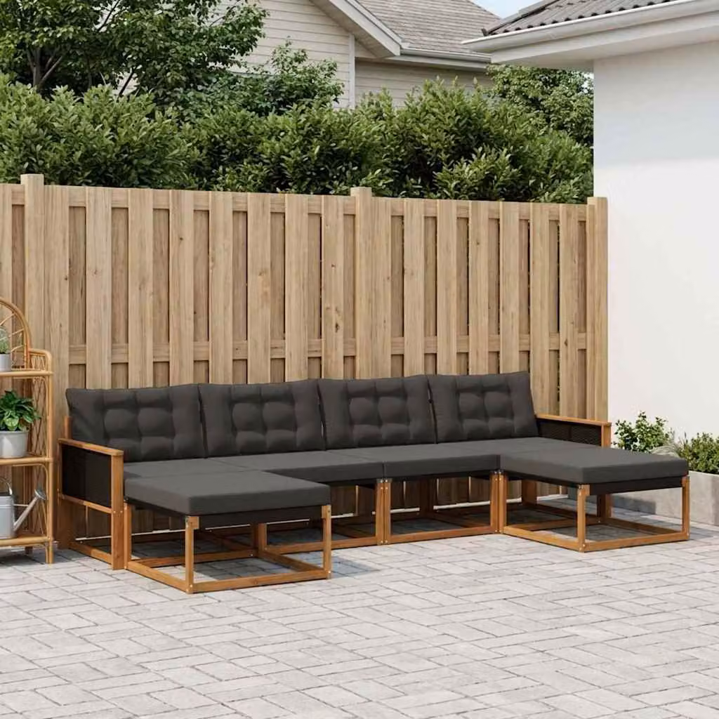Set di divani da esterno vidaXL 6 pz a forma di L in legno di acacia e textilene, colore marrone e nero