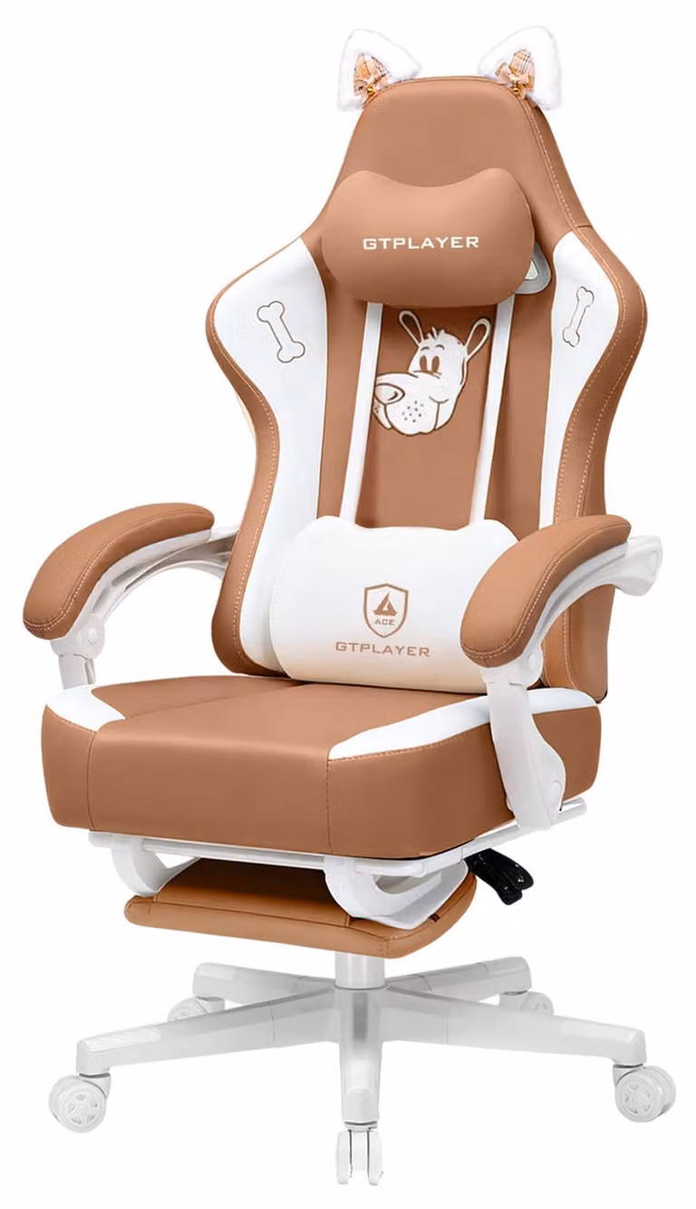 Sedia da gaming con orecchie a forma di gatto, imbottitura in memory foam, poggiapiedi, rivestimento in ecopelle, colore marrone