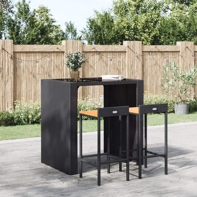 Set di 2 sgabelli da bar vidaXL in polyrattan nero e legno di acacia massello