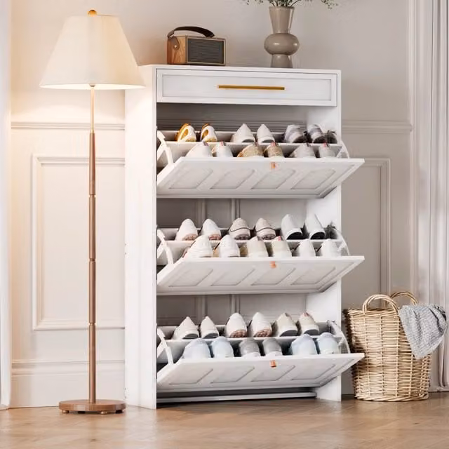 Scarpiera con 6 vani aperti e 1 cassetto salvaspazio per ingresso e ufficio, in MDF bianco, 70 × 25 × 123.5 cm