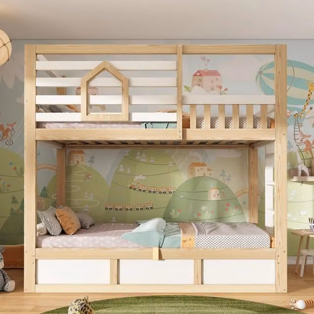Letto a castello per bambini, 90 x 200 cm, con sponde di protezione e spazio contenitivo, bianco e color legno