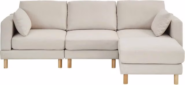 Divano angolare nordico a 3 posti con pouf, 235×152×78 cm, tessuto beige in poliestere, gambe in legno massello