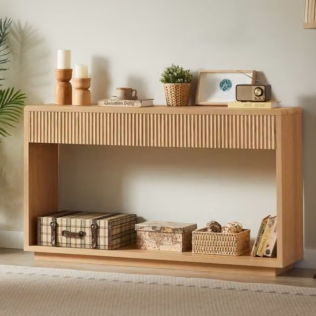 Consolle ingresso moderna 150 cm, 2 cassetti capienti e ripiano aperto inferiore, per corridoio e soggiorno, colore rovere chiaro