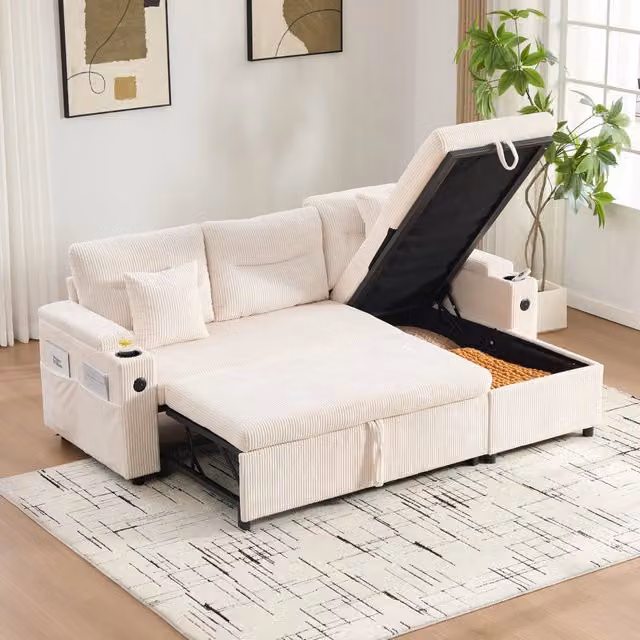 Divano letto MIVRAY a 3 posti in velluto beige con chaise longue a sinistra, struttura in legno massiccio, funzione letto estraibile, contenitore, porta bicchieri e ricarica USB-C, L/P/H: 212.5 x 136.0 x 86.0 cm