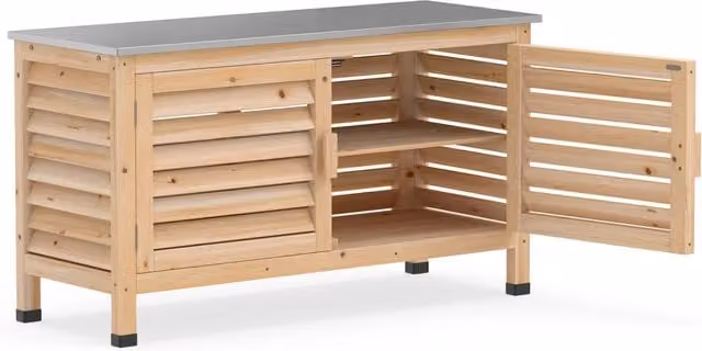 Armadietto da giardino in legno di abete con piano in acciaio inox e 2 ante a persiana, mobile contenitore per esterno e interno, L: 109 cm, P: 40,5 cm, H: 61,5 cm – 1