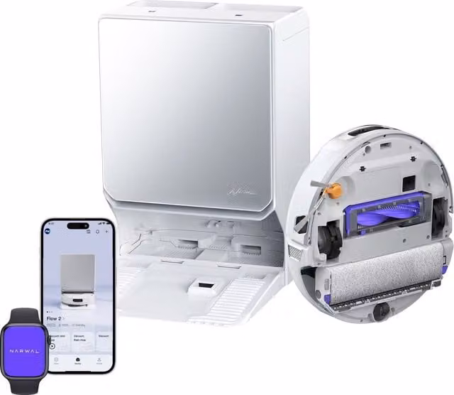 Robot aspirapolvere e lavapavimenti Narwal Flow 2 con stazione di autopulizia, asciugatura aria calda e acqua calda, colore bianco