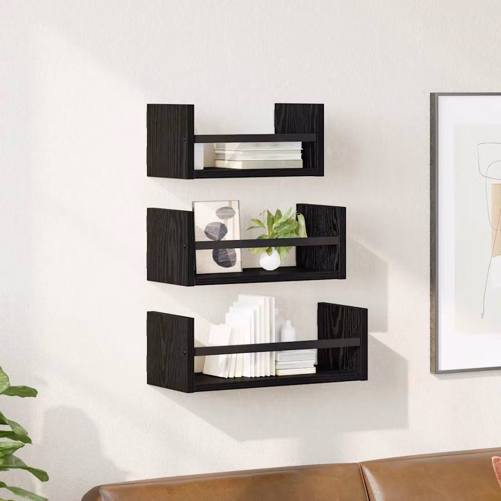 Set di 3 mensole da parete vidaXL in stile moderno, colore Rovere Nero, L 40 cm x P 16 cm x H 14 cm