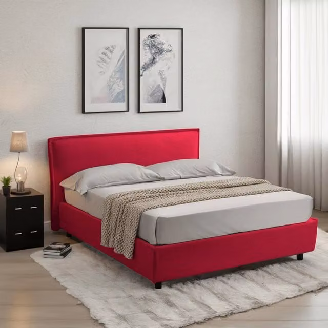 Letto alla francese DMORA con contenitore a sollevamento, sfoderabile, rosso e nero, L 120 cm x P 200 cm – 1