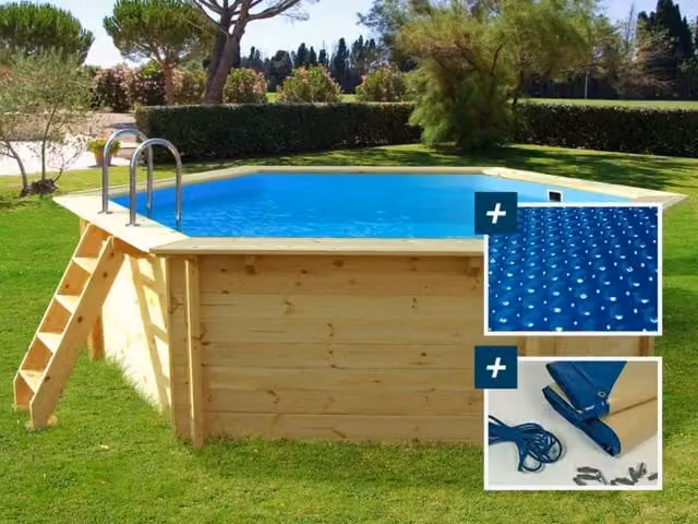 Piscina fuori terra rotonda in legno Hawai di Habitat et Jardin con copertura a bolle e copertura invernale, colore blu, L: 410 cm, H: 120 cm